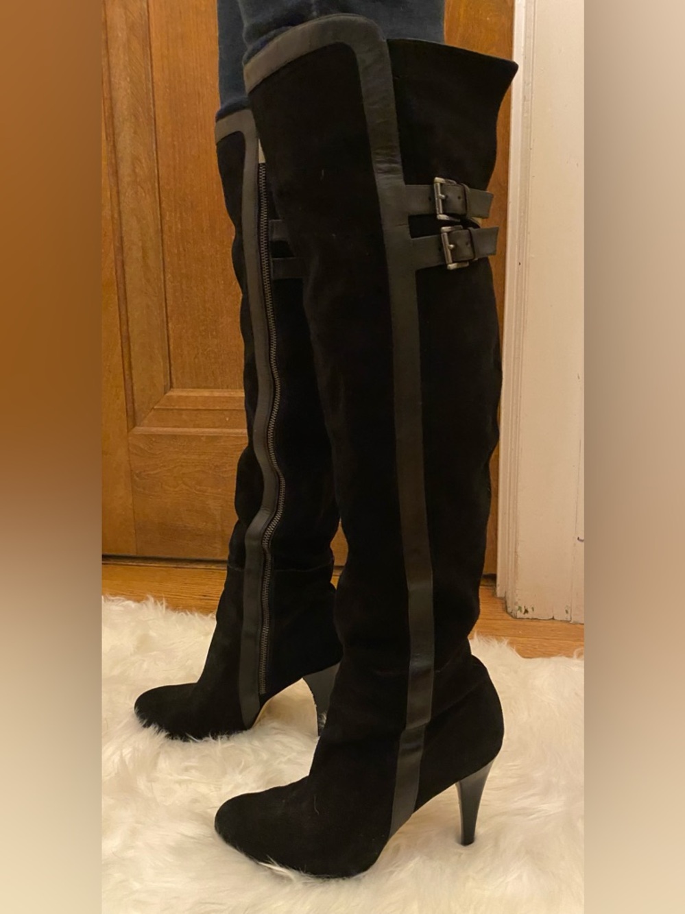 Michael Kors Black Over-the-Knee Suede Boots with Buckle Detail 4” Stiletto Heel